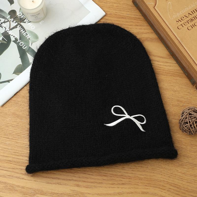 Sweet and Cute Bow Embroidered Drawstring Cold Hat Autumn and Winter Fashion Versatile Pullover Hat Windproof and Warm Wool Hat Korean