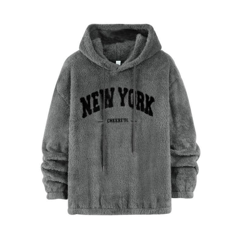 Men's Sweatshirt Lamb Fur Loose Letter Embroidered Pocket Hooded Jacket