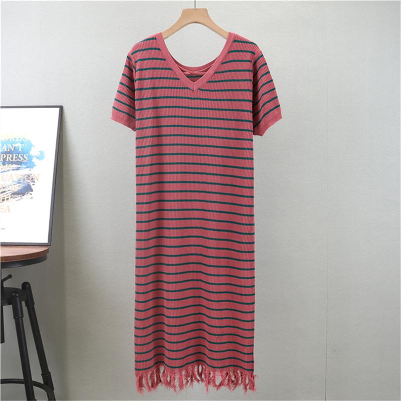 

Женское летнее повседневное вязаное полосатое платье с коротким рукавом и кисточками, средней длины One Size красный
