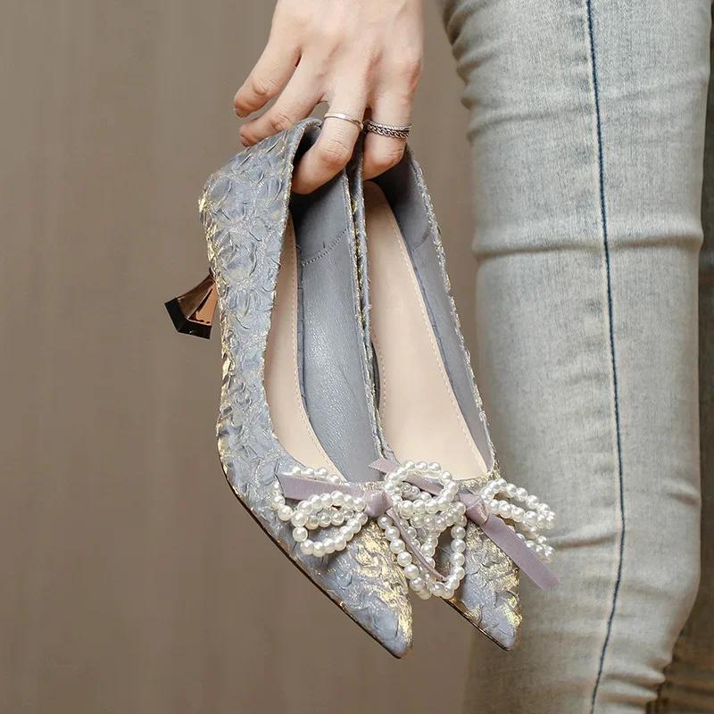 

Fashion 2025 French White High Heels Women s Stiletto Pointed Shoes Pearl Bow Small Heel Shoes 35