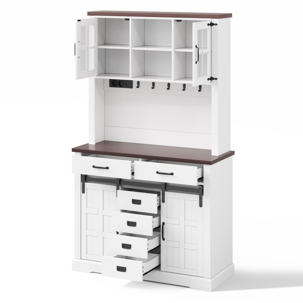 Kitchen Cabinet, Sideboard with Socket and LED Lighting, Furniture with Worktop, 6 Drawers, Adjustable Shelves, Hooks, 180 X 108 X 40 Cm, White