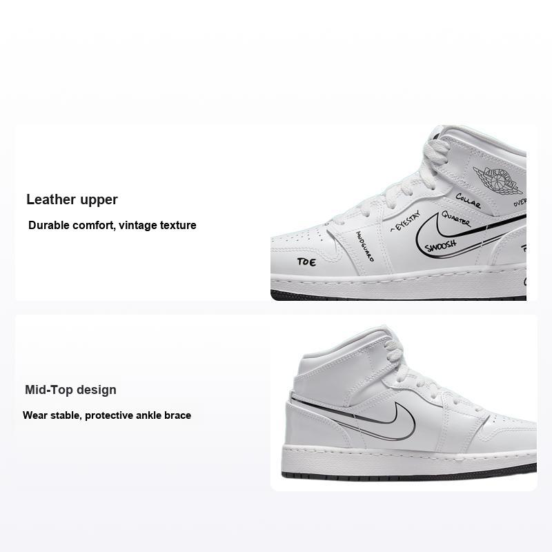 Air Jordan 1 Mid GS Schematic Kids Sneakers White Black DQ1864-100