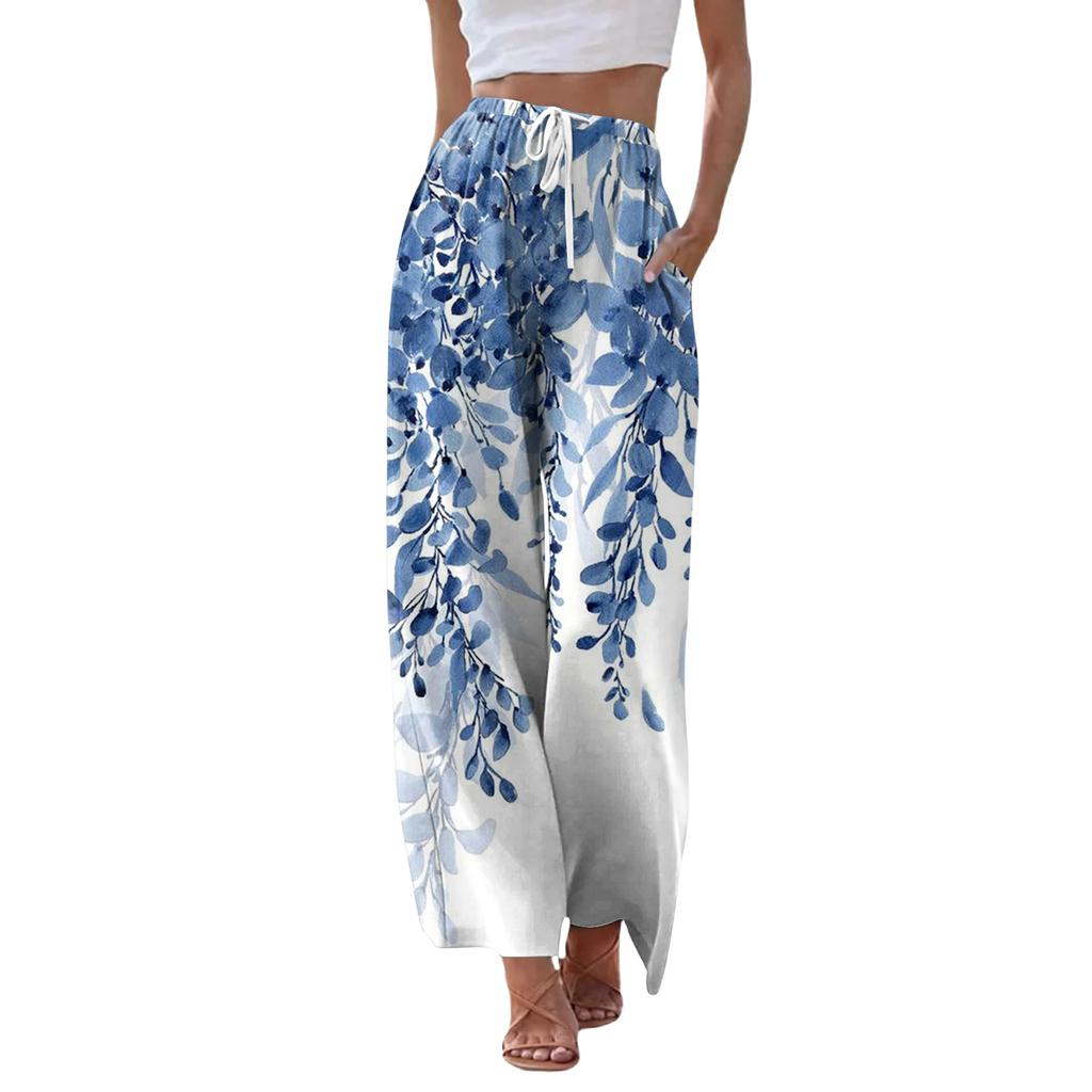 Women's Casual Retro Floral Print Wide Leg Drawstring Pocket Beach Casual Pants