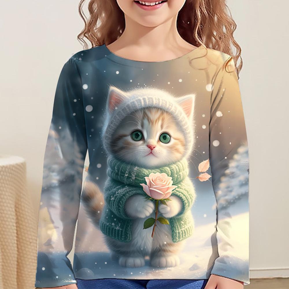 Cartoon Cat Tshirt For Girls Wholesales 13 To 14 Years Kids Clothes Full Sleeve Tees Autumn Children Tops Animals 3d T-Shirts