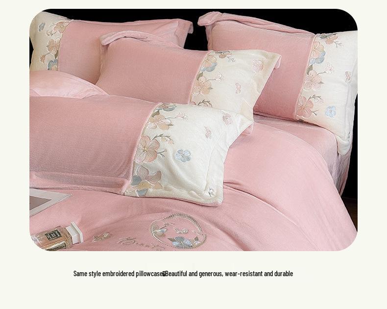 Embroidered Extra Thick Milk Velvet Four-Piece Winter Bedding Set—Duvet & Fitted Sheet, Full Matte Double Color