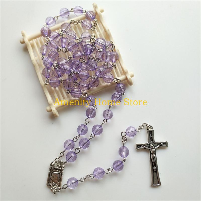 F26C Jesus for Cross Pendant Necklaces for Women Catholic Virgin-Mary Religious Prayer Rosary Necklace Long Crystal Bead Chai