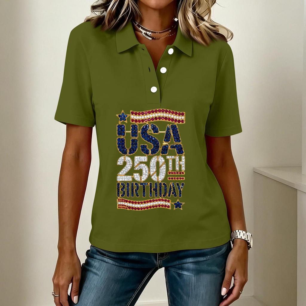 Women's Casual Short Sleeve Button Polo Shirt USA 250th Anniversary Print Relaxed Fit Lightweight Summer Top