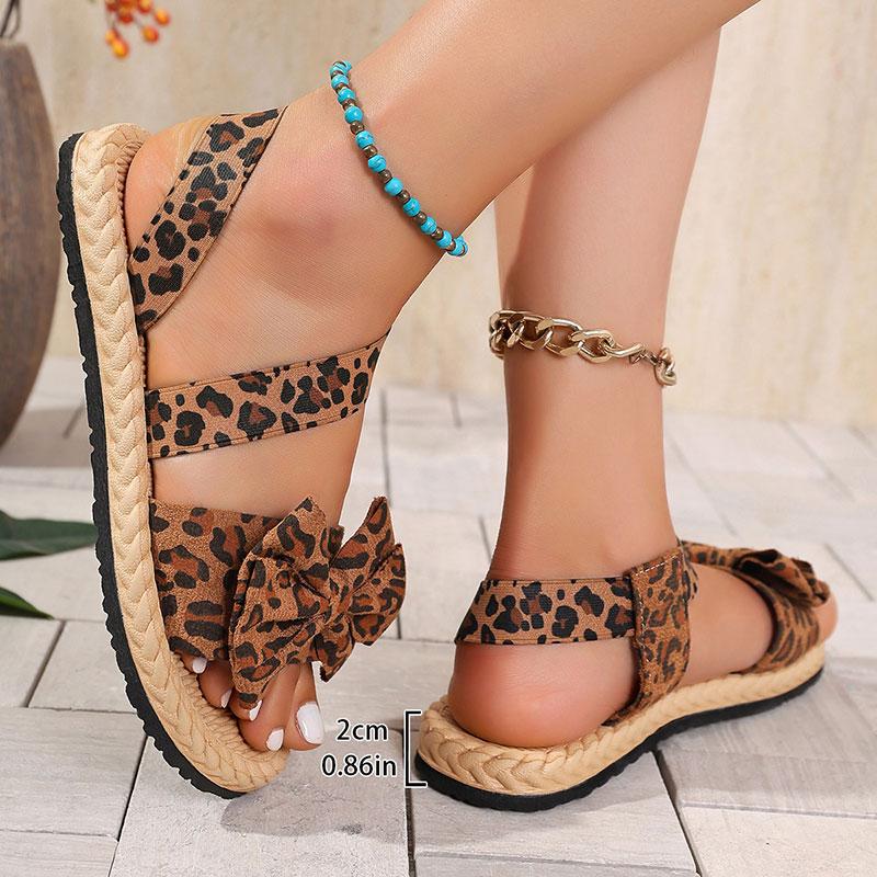 Fashion Bowtie Decor Flat Sandals for Women Plus Size Leopard Thick Sole Non Slip Slippers Summer Light Comfort Platform Beach Slides