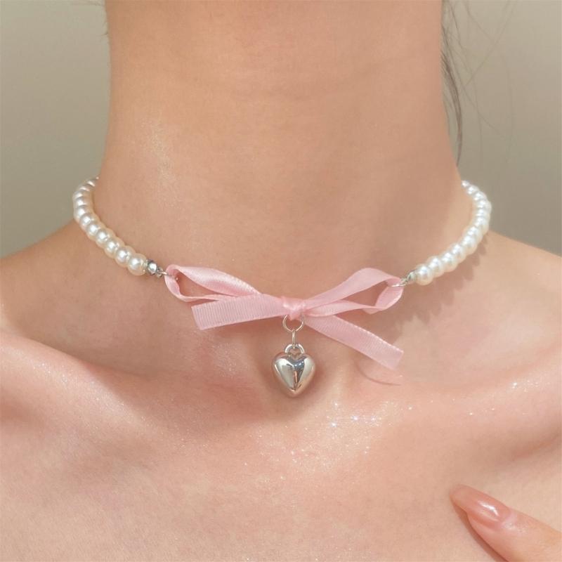 Elegante Halskette mit Perlenanhänger und Herz-Schleife für Frauen, süße, vielseitige Choker-Charme-Halsketten, Modeschmuck, Geschenk