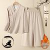 Hanfu d'Automne/Hiver en Coton et Lin pour Femmes: Cardigan Long à Manches Longues Style Chinois Doublé de Velours Robe de Moine pour la Cérémonie du Thé