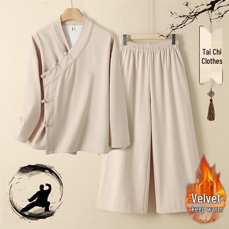 Hanfu d'Automne/Hiver en Coton et Lin pour Femmes: Cardigan Long à Manches Longues Style Chinois Doublé de Velours Robe de Moine pour la Cérémonie du Thé