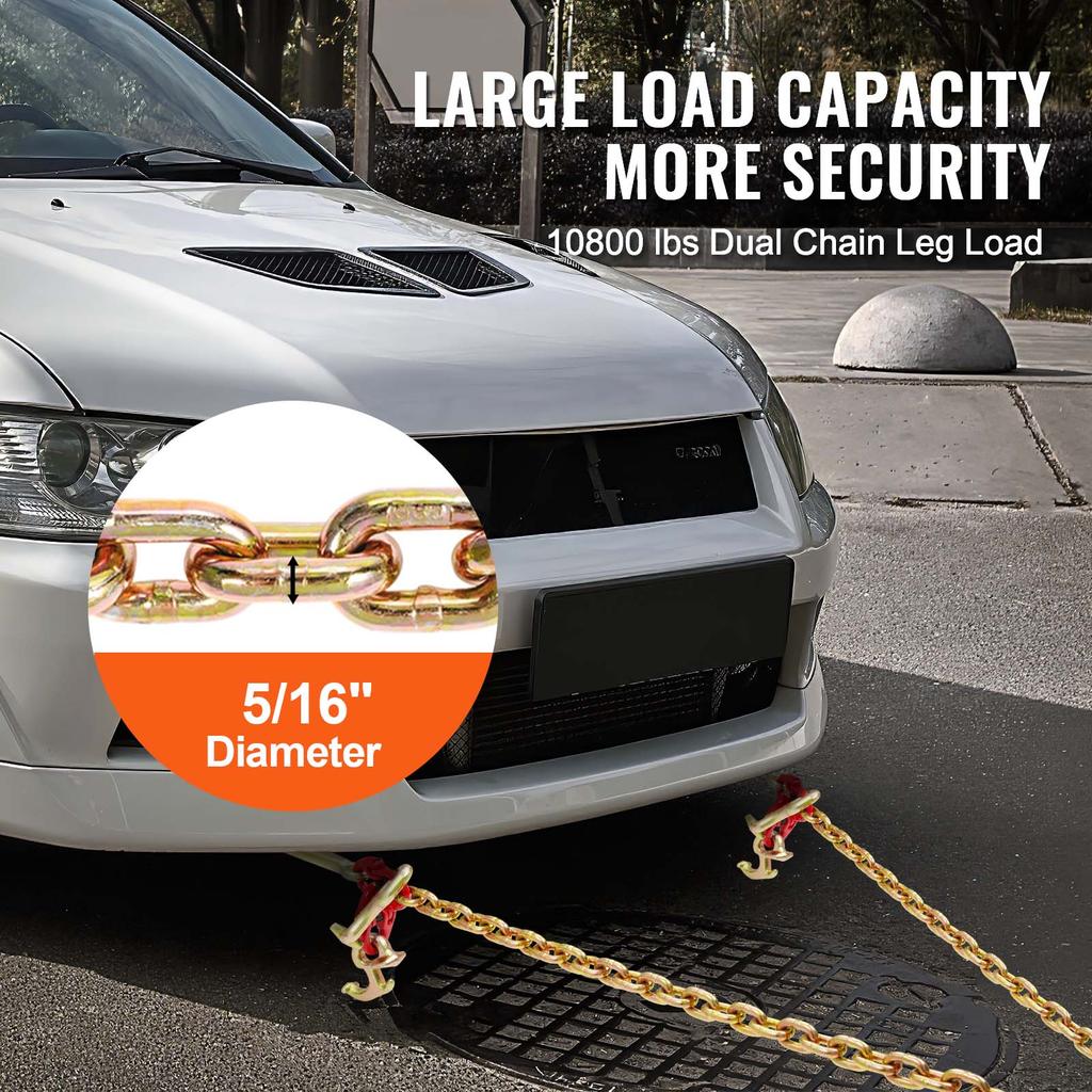 SucceBuy G80 V Towing Binder Chain with R/T/J Hook & Grab Hooks Transport Tow Bridle Chain for Flatbed Truck Wrecker Recovery