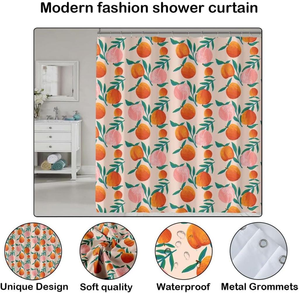 Peach Shower Curtain, Vibrant Cute Fruit Waterproof Shower Curtains for Bathroom, Cartoon Home Decorative Fabric Bath Curtain