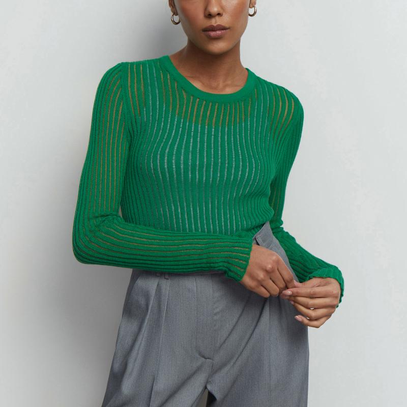 See Through Fashion Λευκό Κομψό ριγέ See Through Γυναικεία μπλουζάκια Μακρυμάνικα T-Shirts Tees Skinny Club Ρούχα για πάρτι