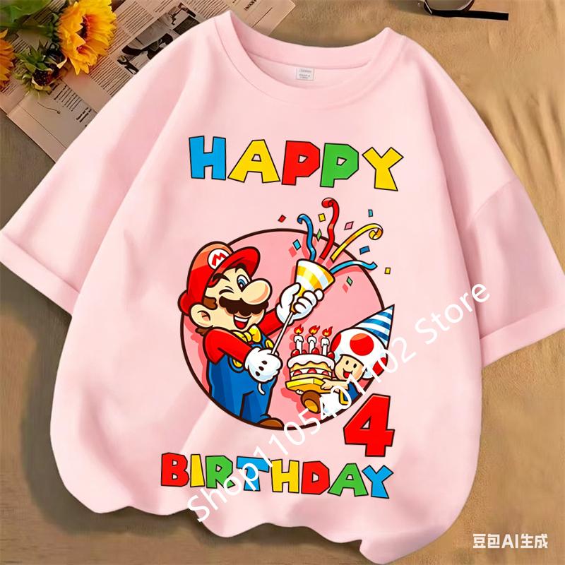 2026 New Super Marios Bros Childrens Pure Cotton Tshirts Anime Birthday Numbers 19 Cute Anime Childrens Casual Tshirts