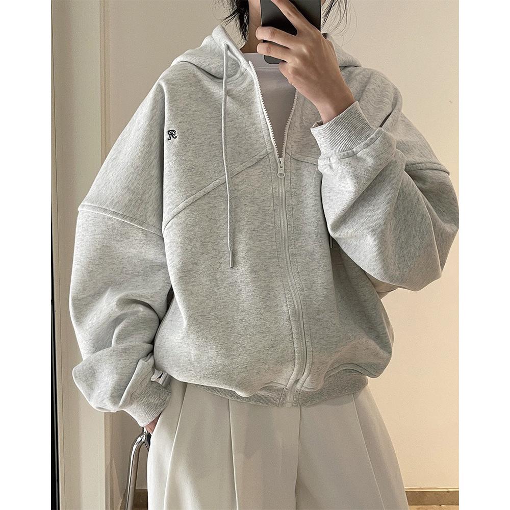 Women Zip Up Hooded Sweatshirt Jacket Korean Casual Embroidery Letter Oversized Cropped Hoodie Long Sleeve Sport Outerwear