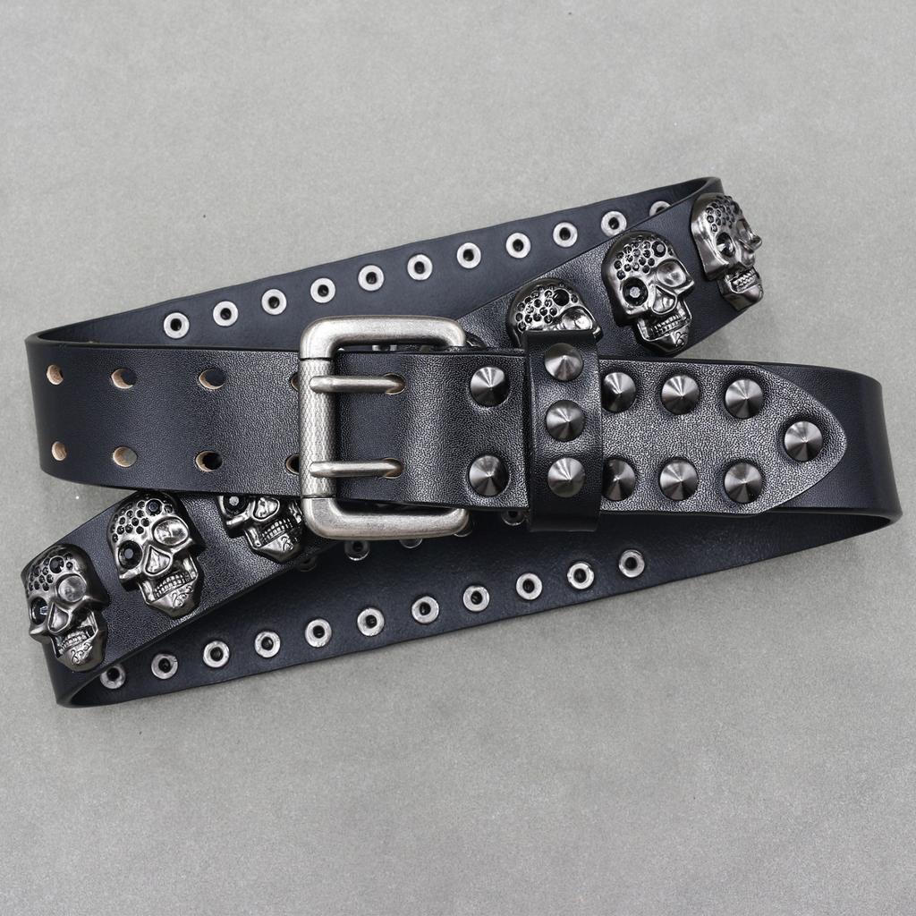 New Pure Cowhide Personalized Rivet Belt Skull Spike Decoration Trendy Denim Pin Buckle Punk Belt