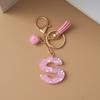 Pink Pompom Letter Keychain English Alphabet Keyring Glitter Gradient Resin Car Mirror Accessory Women Handbag Charms