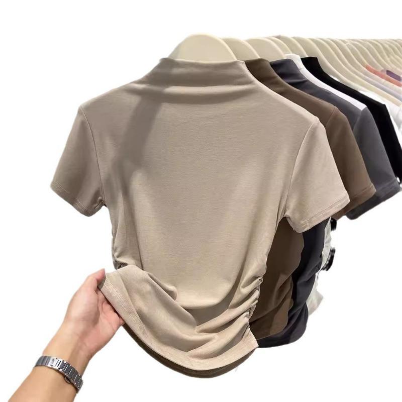 Tricou de bază cu gât semi-înalt și mâneci scurte, din bumbac pur ușor, pentru primăvară, vară și toamnă, cămașă mică mulată, top elegant