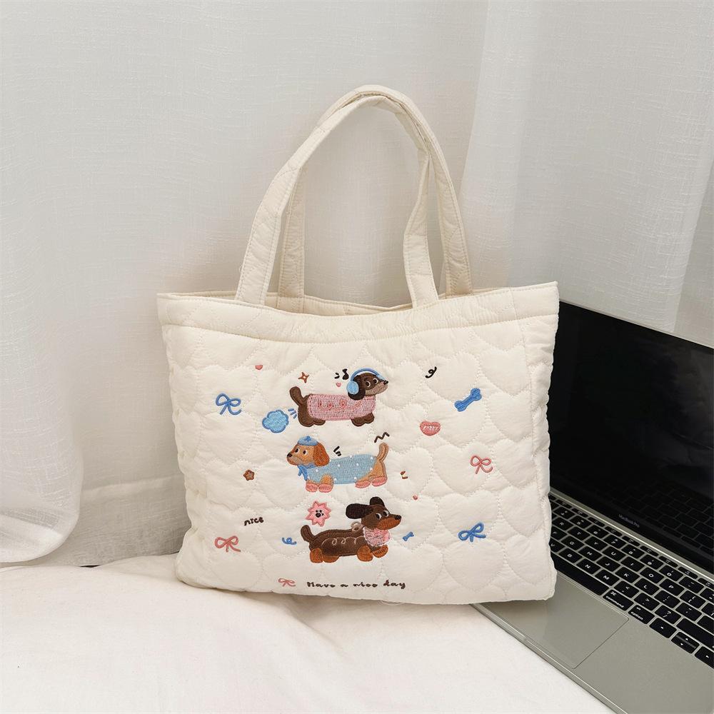 Cute kitten embroidered handbag Korean ins quilted tote bag women s shopping bag mommy bag