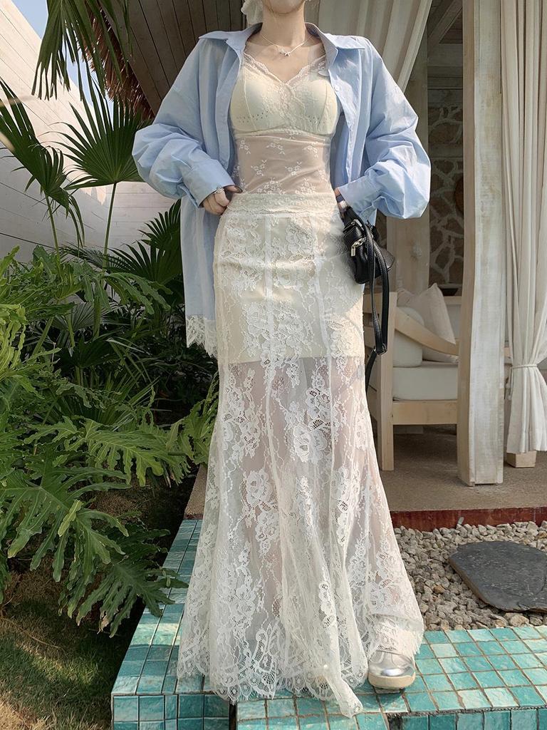 Women's Blue Spliced Lace Shirt Jacket - 2025 Korean Design, Loose Fit, Sun Protection for Summer