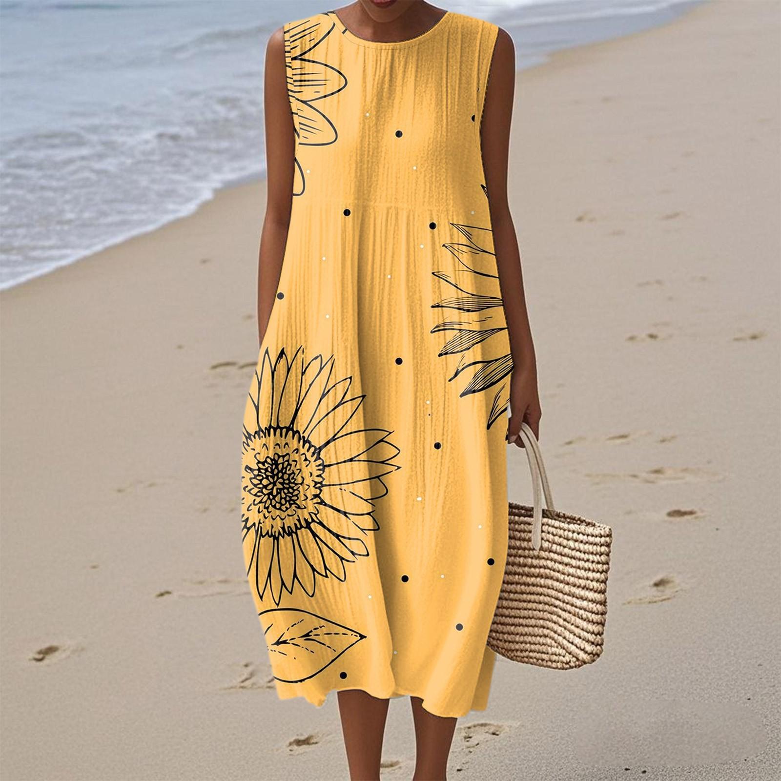 

Женское модное повседневное платье без рукавов с круглым вырезом и цветочным принтом, элегантное, темпераментное XL жёлтый