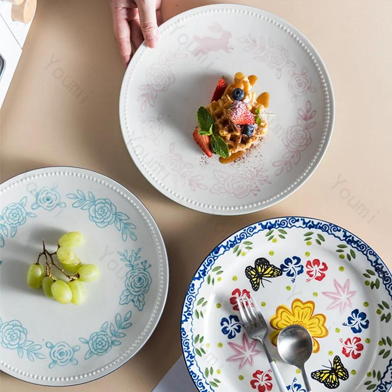 Creative Japanese Style Ceramic Plate Hand-painted Flowers Dining Plate Delicious Home Dishes Steak Plate Exquisite Tableware