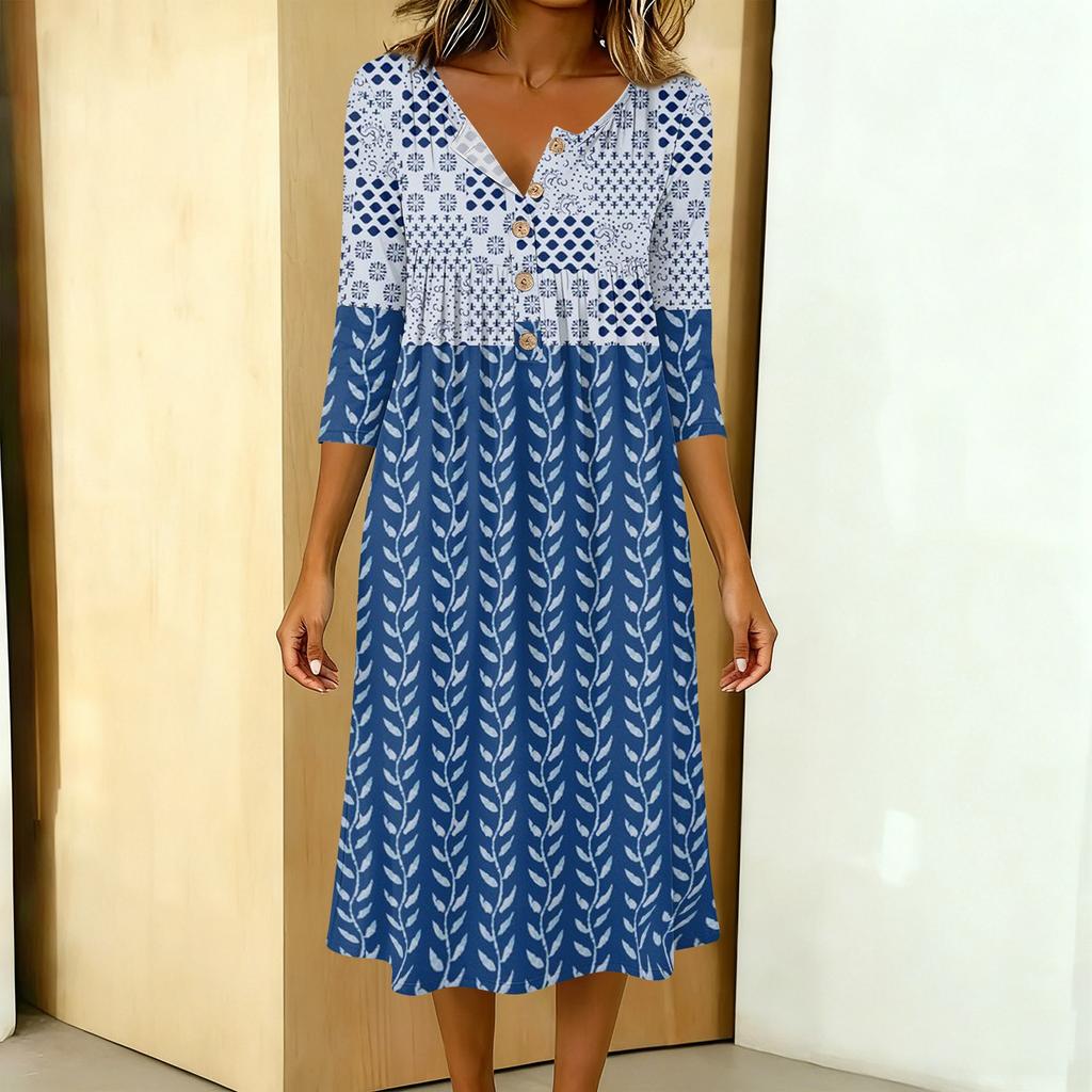 Vestido Casual de Moda para Mujer con Estampado de Colores, Cuello Redondo, Manga 3/4, Cuello con Botones, Longitud Media