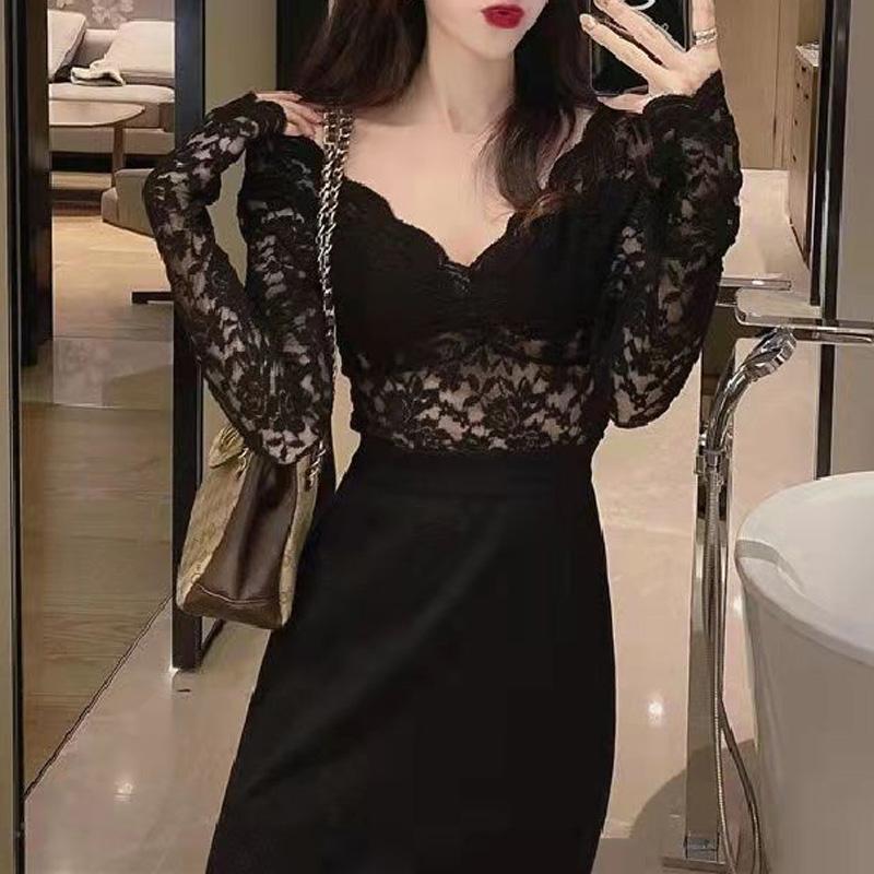 

Новая весенне-осенняя модная футболка в западном стиле, облегающая, сексуальная, с V-образным вырезом, сетчатая, ажурная, однотонная, универсальная женская футболка XXL чёрный