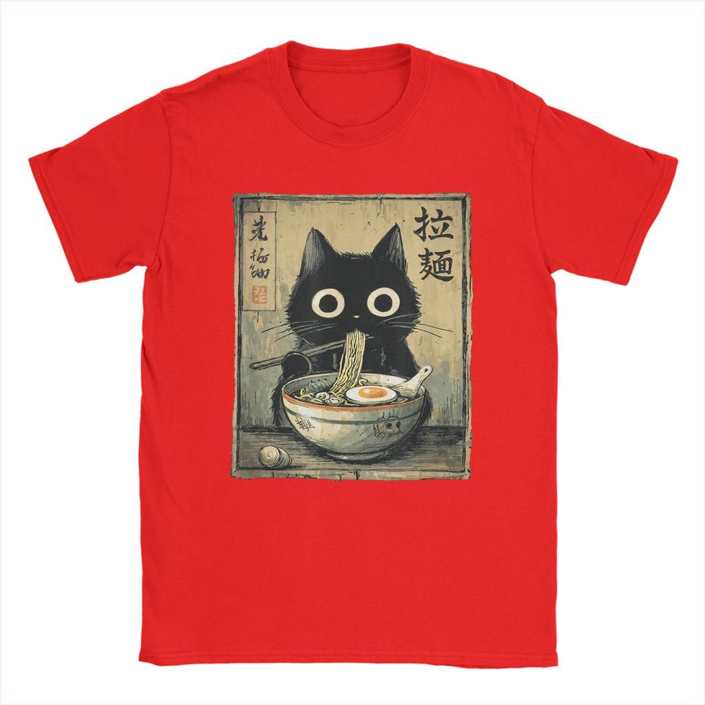 Kawaii RaUnisex Cat Retro Japanese Noodles Artwork Unisex T Shirt Vintage Tee Shirt Short Sleeve O Neck TShirt Cotton Gift Idea Tops
