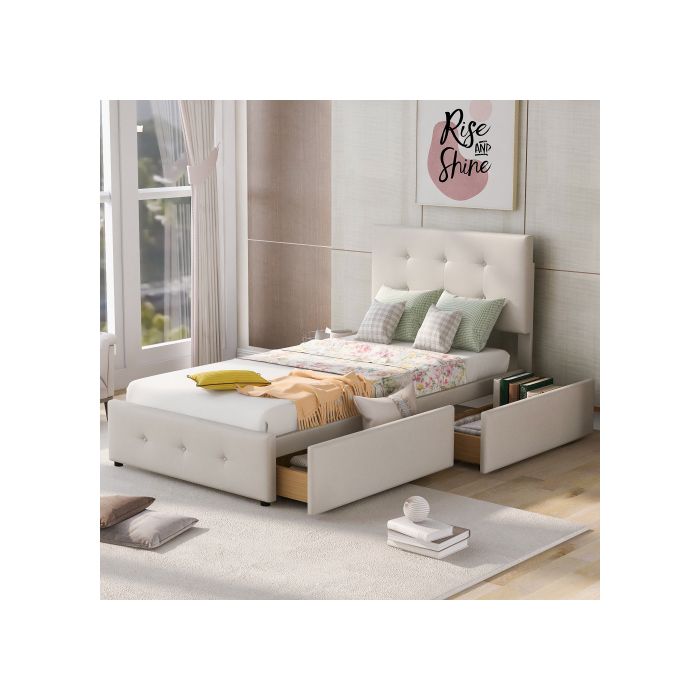 Lit Rembourré 90 X 200 Cm Lit Avec Sommier À Lattes, Dossier Et Deux Tiroirs, Tissu Velours Doux Pour La Peau (sans Matelas)