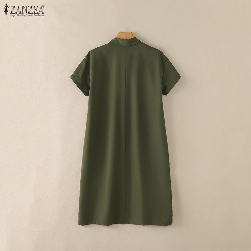 ZANZEA Women Casual Turn Down Collar Solid Color Short Sleeve Shirt Dress