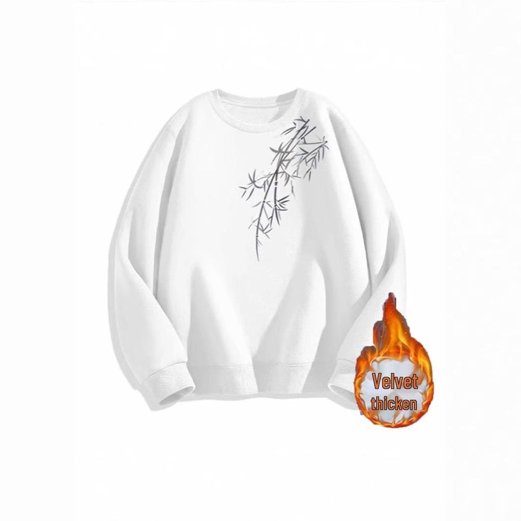 Herren Bambusblatt Fleece-gefüttertes Rundhals-Sweatshirt - Schwergewicht 450G, Chinesischer Stil, Herbst/Winter.