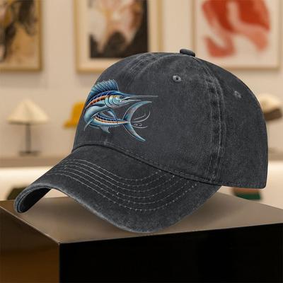 Blauwe Marlin Visserij Grafisch Gewassen Denim Baseballpet Unisex Buiten Ademend Verstelbare Pet