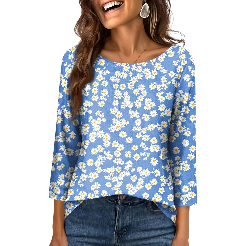 Damtopp med rund hals och 3/4-ärmar, trendig och avslappnad tryck