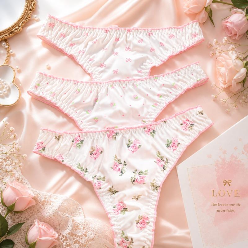 Female Summer Sexy Cute Small Broken Flower Pearl Bow Low Waist Thong Underwear