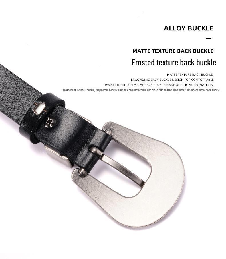 Women's Retro Carved Black Genuine Leather Belt with Pin Buckle