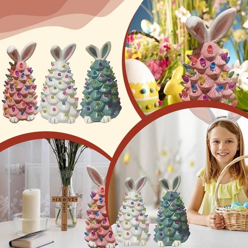 Happy Easter Bunny Tree Resin Bunny Figurines W/ Colorful Beads Tabletop Decor Lights Up Rabbits Spring Easter Decorations Gifts