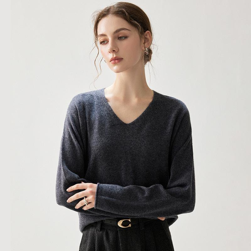 Autumn 2026 Women's Cashmere V-Neck Sweater – Elegant Solid Color, Rolled Hem, Loose Fit, Slimming, Warm Base Layer.