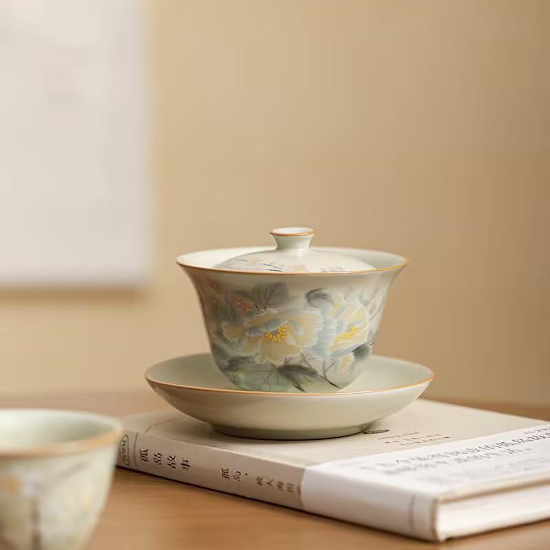 Secret Yellow Camellia Three Talents Cover Bowl, Single Retro Tea Making Bowl, Kung Fu Tea Set, Household Ceramics Are Not Hot To Drink Tea Bowl Cup