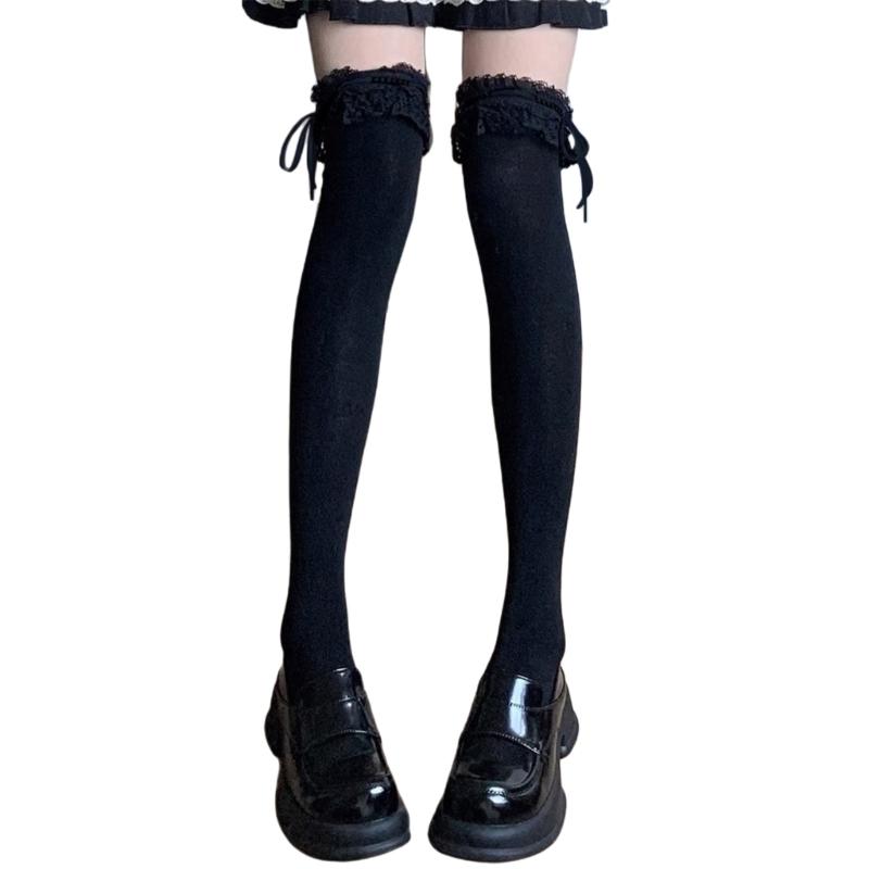 2pcs Ballet Knee High Socks with Bows Lace Top Ruffle Calf Socks Calf Tube Socks