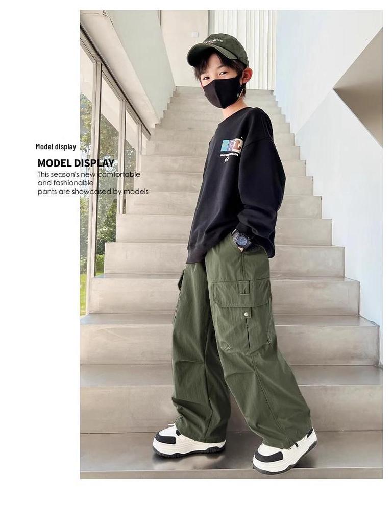 Boys' Stylish Autumn/Winter 2025 Versatile Cargo Pants - Medium/Large, Loose Fit, Plus Velvet Long Trousers