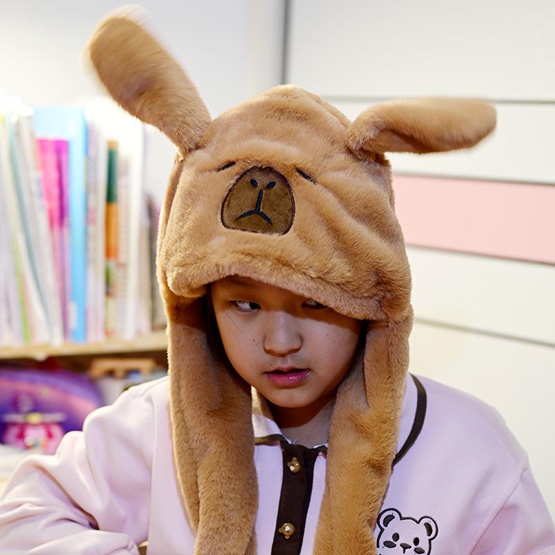 Net Celebrity Capybara Ear-Moving Plush Hat - Cute, Warm, and Neck-Protecting for Autumn and Winter