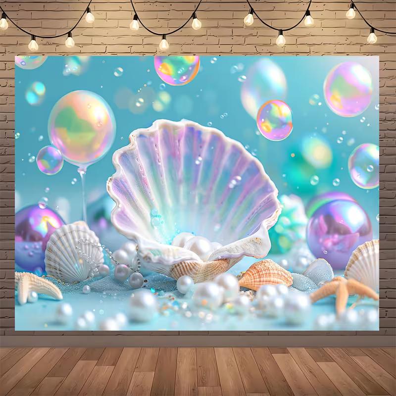 2D Under Sea Pearl Shell Photo Backdrop Mermaid Party Decor Cloth