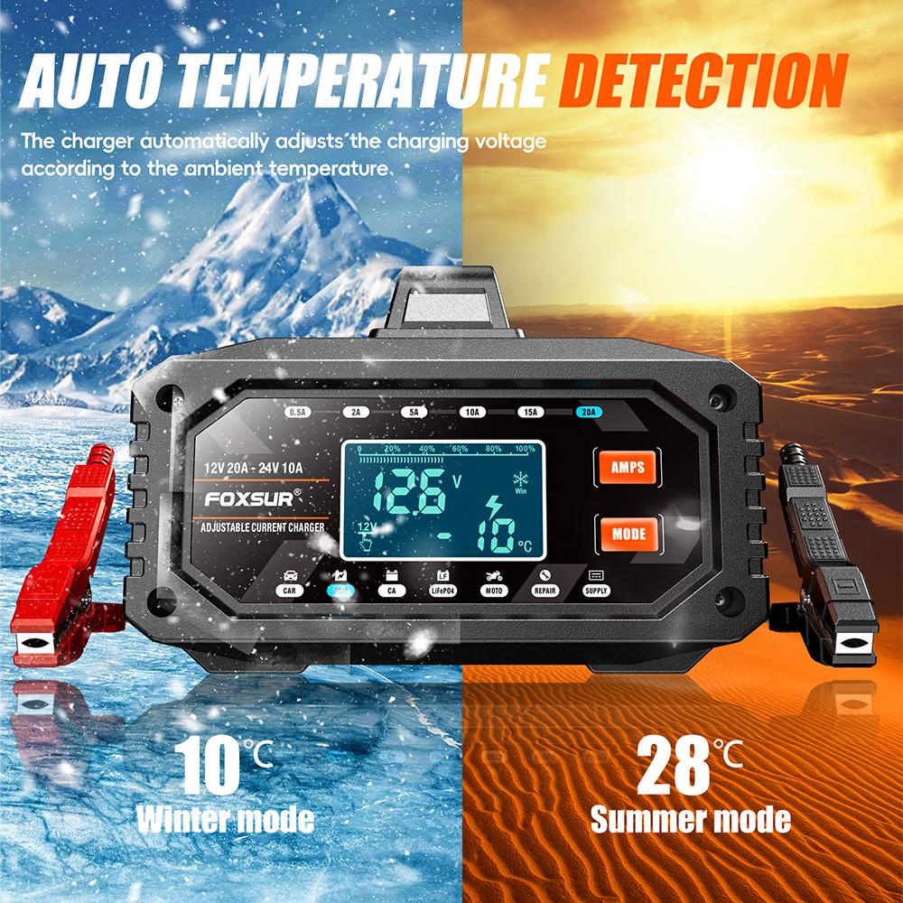 For AGM GEL SLA Lead-Acid LiFePO4 7-stage Chargers Smart Battey Charger 12V 24V 20A 10A Large Screen Digital Display Car Motorcycle Battery Charger