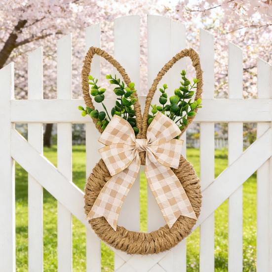 Osterhasenkranz Hanfseil Frühlingshasenkranz mit Schleife Oster-Türhänger für Bauernhaus Veranda Tür Wand Fensterdeko