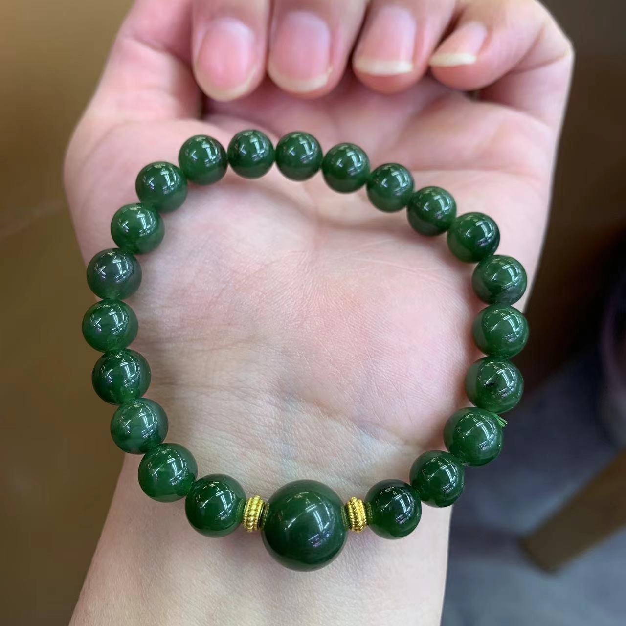 Hotan Jade 8mm Beads Bracelet with Black Spots, Spinach Green Single Strand