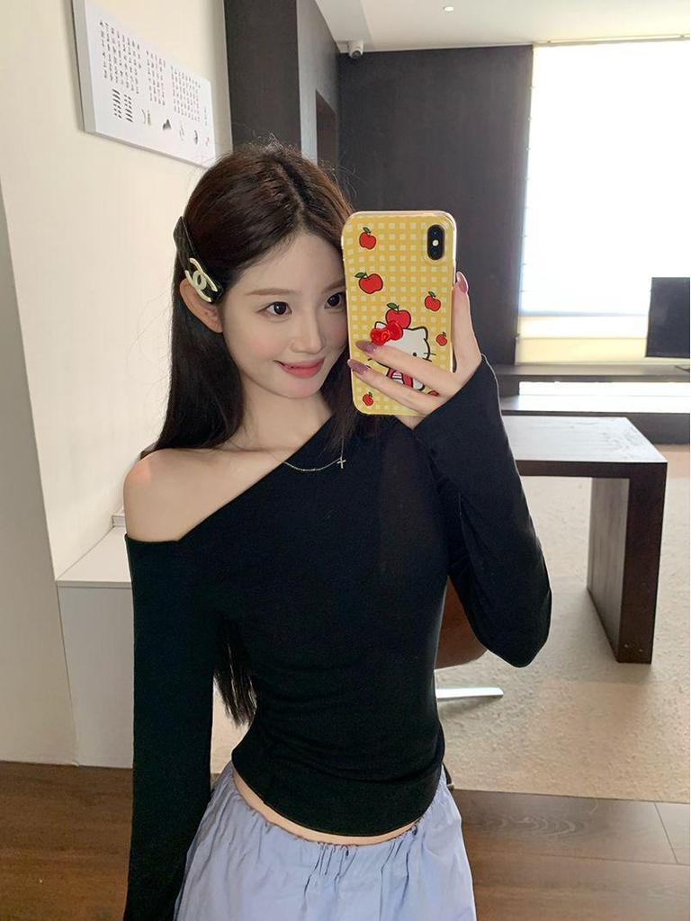 Women's Unique One-Shoulder Slanted Top - Long Sleeve Slim Fit Shirt for Spring/Autumn 2025