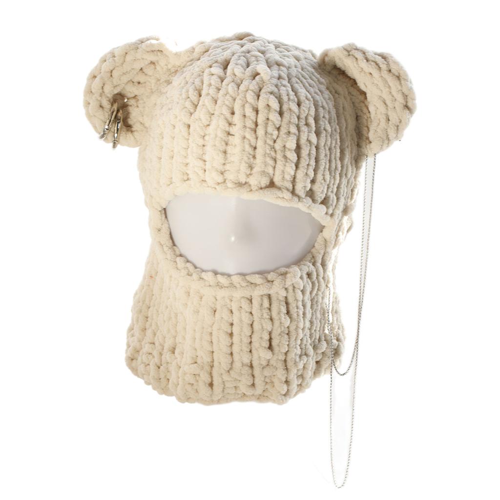Knitting Balaclava Cap for Women Cute Bear Ears Plush Beanie Hat Handmade Face Cover Hat Crochet Hooded Hat for Party