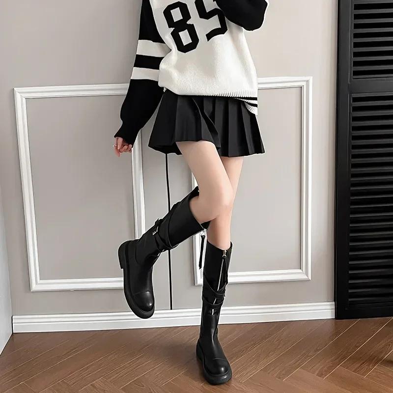 Maillard Women's Boots  Autumn Winter New Thick Soled Round Toe Mid Top Boots Retro Long Motorcycle Short Boots Botas Mujer